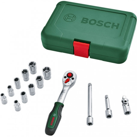Набір тріскачки 1/4" з торцевими головками, адаптером та подовжувачами Bosch, 14 шт. (1600A02BY0)