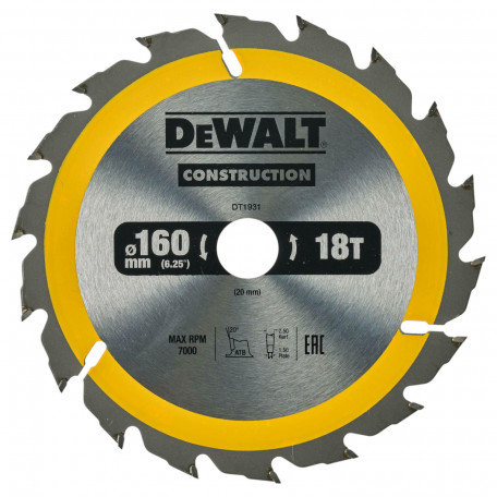 Диск пильный, по дереву DeWalt Construction 160x1,5x20 мм, 18T (DT1931)