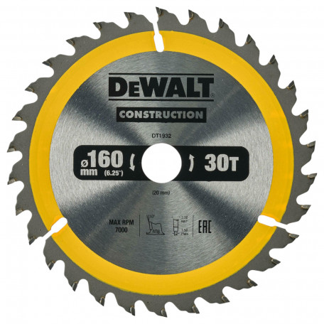 Диск пильный, по дереву DeWalt Construction 160x1,5x20 мм, 30T (DT1932)