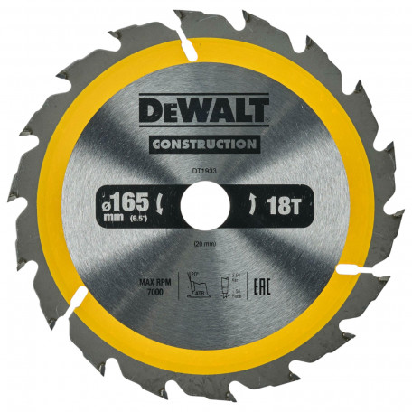 Диск пильный, по дереву DeWalt Construction 165x20 мм, 18T (DT1933)