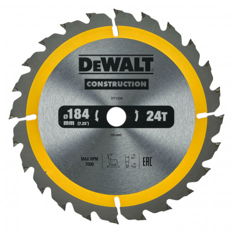 Диск пильный, по дереву DeWalt Construction 184x1.2x16 мм, 24T (DT1939)