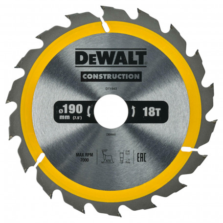 Диск пильный, по дереву DeWalt Construction 190x1.7x30 мм, 18T (DT1943)