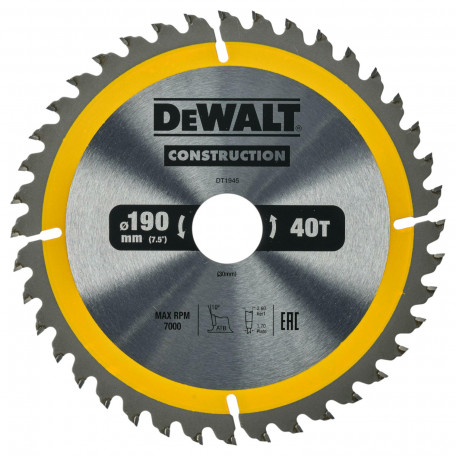 Диск пильный, по дереву DeWalt Construction 190x1.7x30 мм, 40T (DT1945)