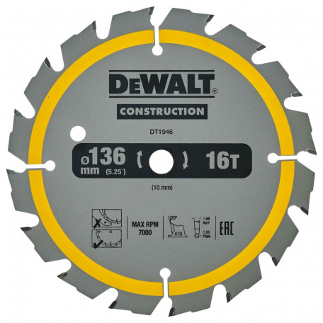 Диск пильный, по дереву DeWalt Construction 136x1x10 мм, 16T (DT1946)