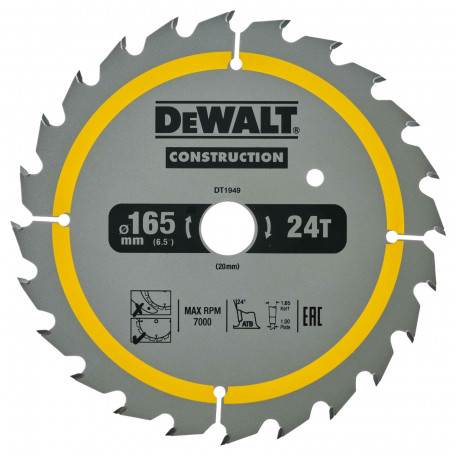 Диск пильный, по дереву DeWalt Construction 165x1x20 мм, 24T (DT1949)