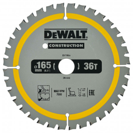Диск пильный, по дереву DeWalt Construction 165x1x20 мм, 36T (DT1950)