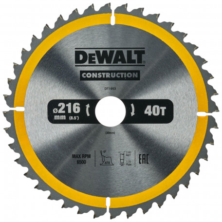 Диск пильный, по дереву DeWalt Construction 216x1.7x30 мм, 40T (DT1953)