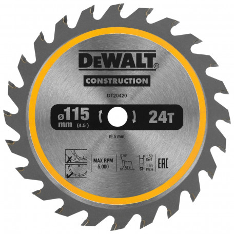 Диск пильный, по дереву DeWalt Construction 115x1,5x9,5 мм, 24T (DT20420)
