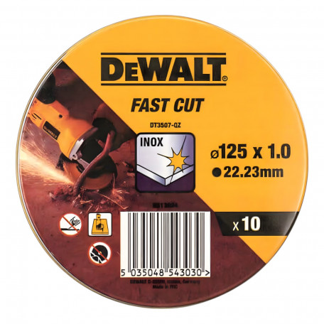Набор кругов отрезных DeWALT Fast Cut, по нержавеющая сталь/листовой металл, 125x1x22,23 мм. 10 шт. (DT3507)
