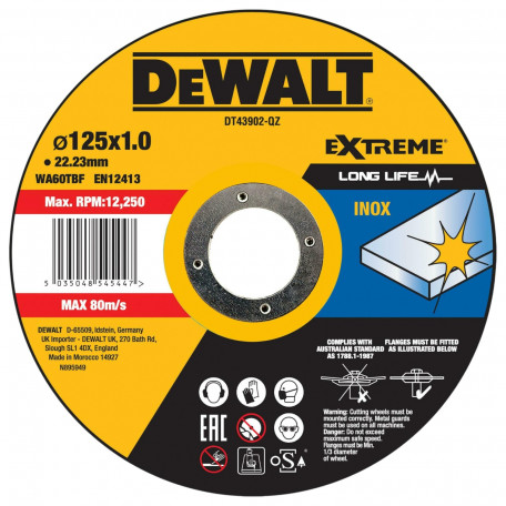 Круг отрезной DeWALT EXTREME, нержавеющая сталь/листовой металл, 125х1х22.23 мм (DT43902)