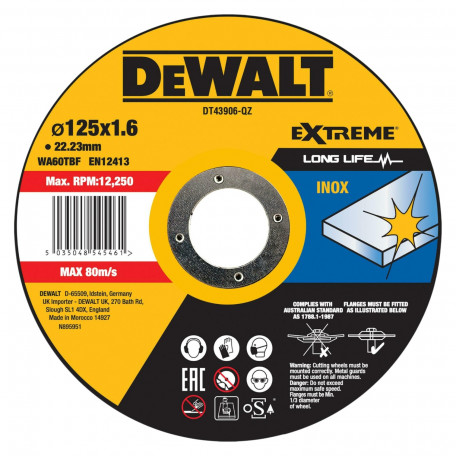 Круг отрезной DeWALT EXTREME, нержавеющая сталь/листовой металл, 125х1.6х22.23 мм (DT43906)