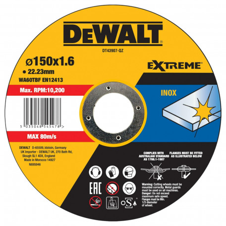Круг отрезной DeWALT EXTREME, нержавеющая сталь/листовой металл, 150х1.6х22.23 мм (DT43907)
