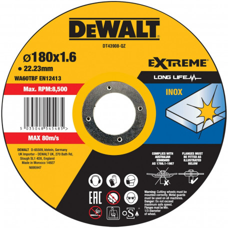 Круг отрезной DeWALT EXTREME, нержавеющая сталь/листовой металл, 180х1.6х22.23 мм (DT43908)