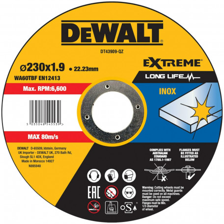 Круг отрезной DeWALT EXTREME, нержавеющая сталь/листовой металл, 230х1.9х22.23 мм (DT43909)