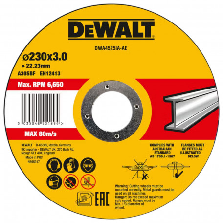 Круг отрезной DeWALT HIGH PERFORMANCE, стальметаллические трубы/профилицветные металлы, 230х3х22.23 мм (DWA4525IA)