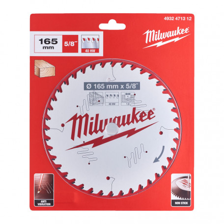 Диск пильный по дереву PFTE THIN KERF MILWAUKEE, Ø165х5/8''х1,6мм, 40 зуб.