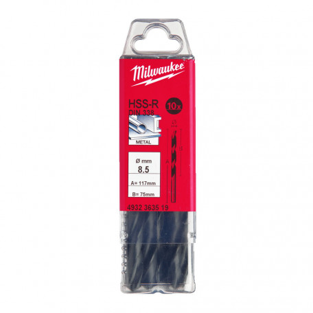 Свердло по металу MILWAUKEE HSS-R, DIN338, Ø8,5х117х75мм, (10 шт.) (4932363519)