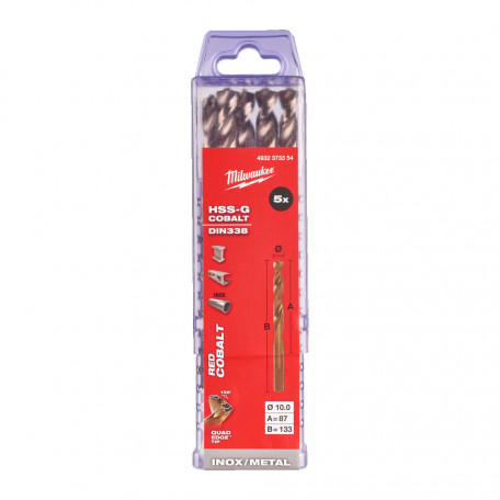 Сверло по металлу HSS-Co MILWAUKEE, DIN338, Ø10,0х133х87мм, (5шт)