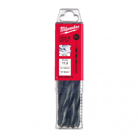 Сверло по металлу MILWAUKEE HSS-R, DIN338, Ø11,5х142х94мм, (5 шт.) (4932363549)