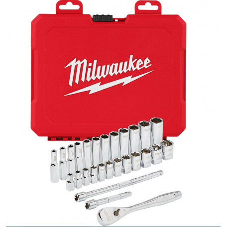 Набір головок торцевих хромованих 1/4'' MILWAUKEE, з тріскачкою та 2 подовжувачами, 28шт (48229504)