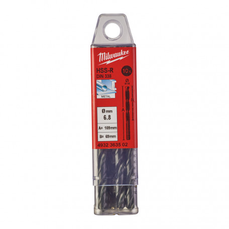 Свердло по металу MILWAUKEE HSS-R, DIN338, Ø6,8х109х69мм, (10 шт.) (4932363502)