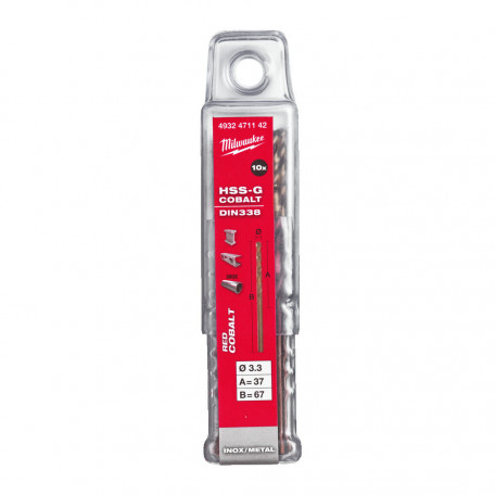 Свердло по металу HSS-Co MILWAUKEE, DIN338, дыаметр 3,3х67х37мм, (10шт)