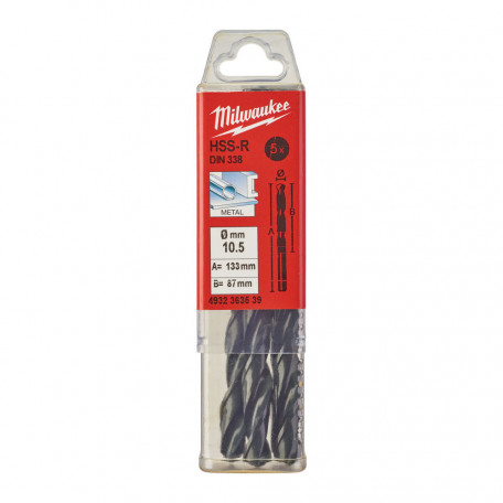 Сверло по металлу MILWAUKEE HSS-R, DIN338, Ø10,5х133х87мм, (5 шт.) (4932363539)