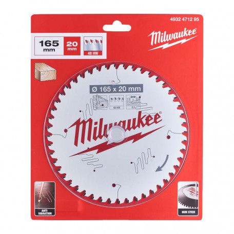 Диск пильный по дереву PFTE MILWAUKEE, Ø165х20х2,2мм, 48 зуб.