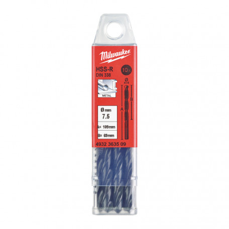 Свердло по металу MILWAUKEE HSS-R, DIN338, Ø7,5х109х69мм, (10 шт.) (4932363509)