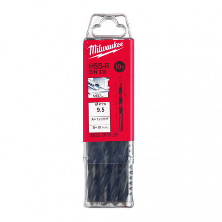 Свердло по металу MILWAUKEE HSS-R, DIN338, Ø9,5х125х81мм, (10 шт.) (4932363529)