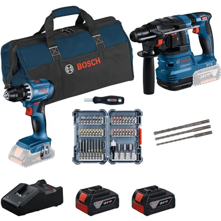 Комбо-набор Bosch GSR 18V-45 + GBH 18V-22 с битами, сверлами, 2× GBA 4,0 Ач и GAL 18V-40 (0615V0003D)