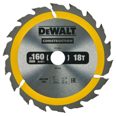 Диск пильний, по дереву DeWalt Construction 160x1,5x20 мм, 18T (DT1931)