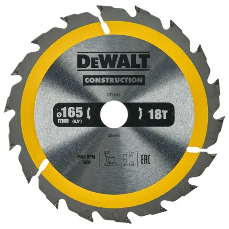 Диск пильний, по дереву DeWalt Construction 165x20 мм, 18T (DT1933)