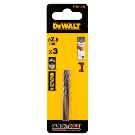 Свердло по металу EXTREME Black & Gold DeWALT, HSS-G, діаметр 2.5 мм, 3 шт. (DT20513)
