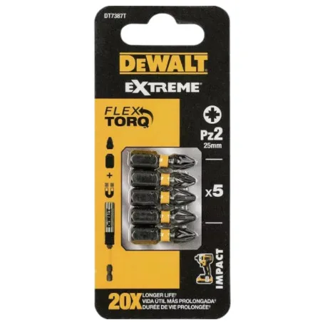 Набір біт DeWALT, ударні, IMPACT TORSION EXTREME, Pozidriv, Pz2, довжина 25 мм, 5 шт (DT7387T)