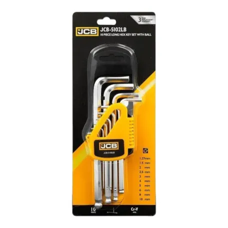 Набір Г-подіб. ключів довгих з кулею, HEX, 10 од. (1,27 мм- 10 мм), JCB Tools, JCB-5102LB, (59742)