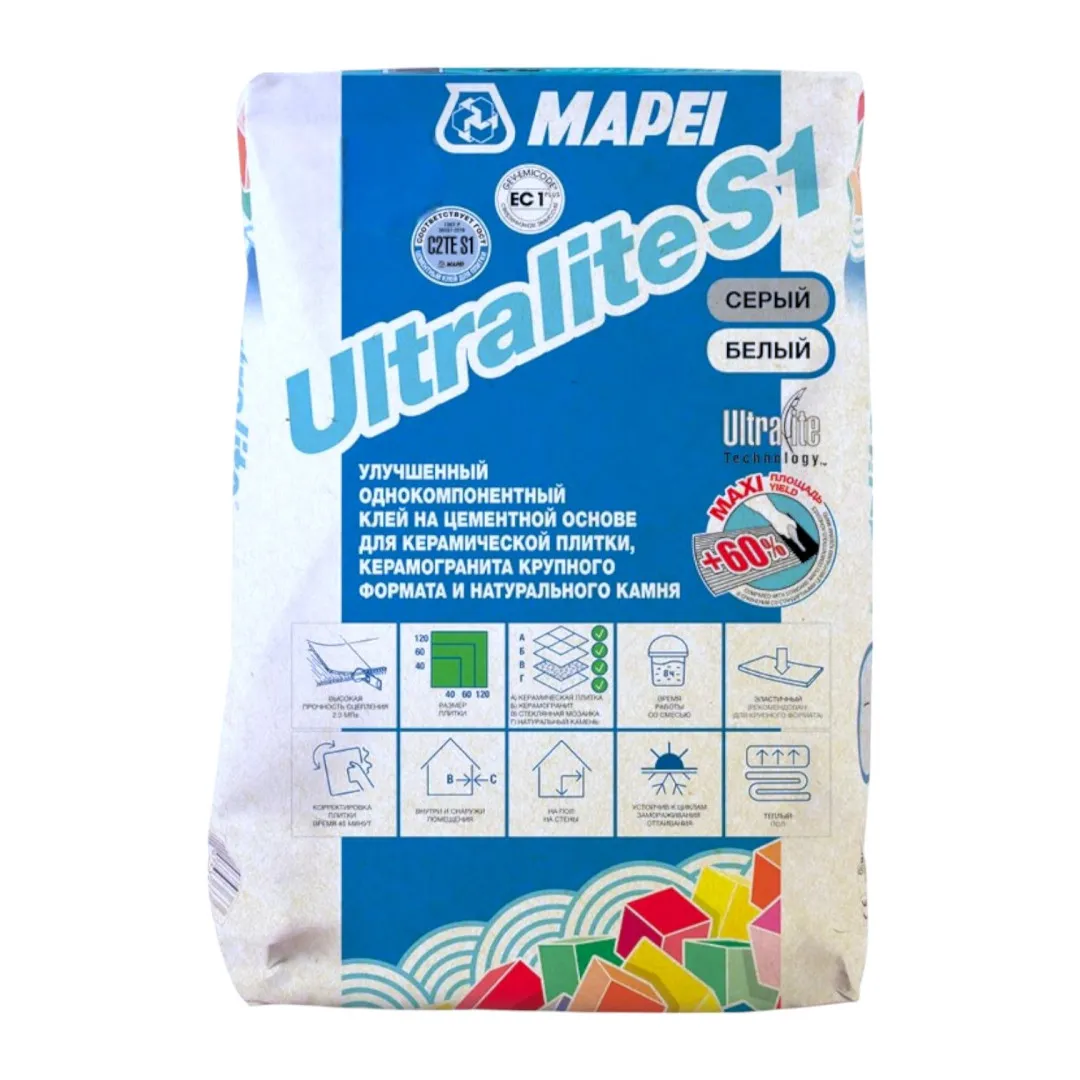 Цементний еластичний клей Mapei Ultralite S1, білий, 15 кг (094081115W)