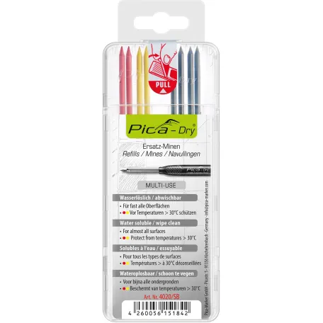 Сменные грифели Pica Dry MULTI-USE, цветные, 8 шт., блистер (4020/SB)