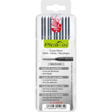 Сменные грифели Pica Dry, графит 2B, 10 шт., блистер (4030/SB)