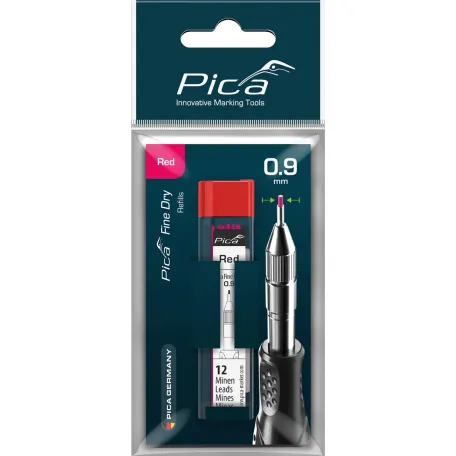 Сменные грифели Pica Fine Dry, красные, 0,9 мм, 12 шт., блистер (7031/SB)