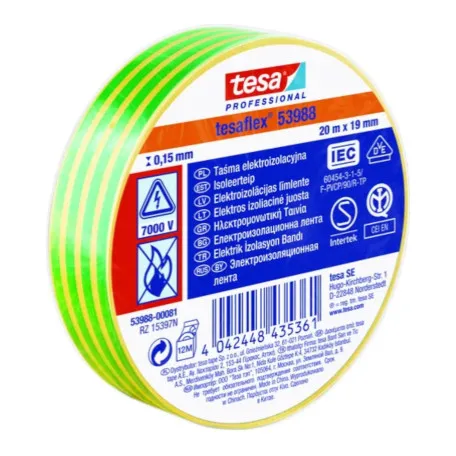 Изоляционная лента TESA 7000V зелено-желтая 20м х 19мм 200/10 (t53988-00081-00)
