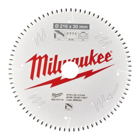 Диск пильный Milwaukee для торцовочной пилы, по алюминию, 216x30x2.4 мм 80Z (4932471319)