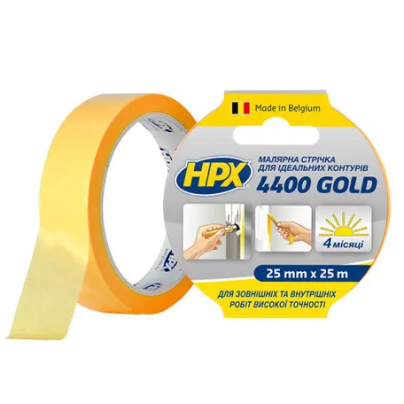 Малярная лента (скотч) HPX 4400 “Золотая” 25ммx25м для наружного применения и четких контуров (FP2525)