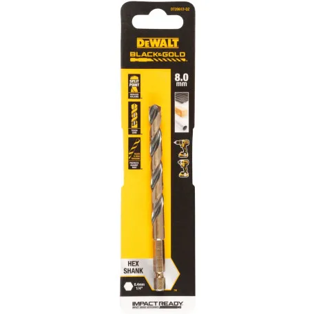 Сверло по металлу EXTREME IMPACT Black & Gold DeWALT, 8 мм, 117 мм, рабочая часть 79 мм (DT20612)