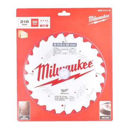 Диск пильный по дереву для торцевых пил PFTE MILWAUKEE, Ø216х30х2,4мм, 24 зуб. (4932471315)