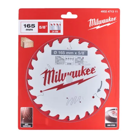 Диск пильный по дереву PFTE THIN KERF MILWAUKEE, Ø165х5/8''х1, 6мм, 24 зуб. (4932471311)