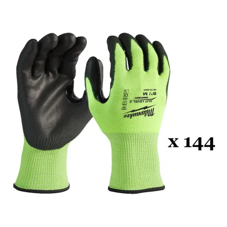 Перчатки рабочие, сигнальные, Hi-Vis MILWAUKEE, с сопротивлением порезам 3/C уровня, размер 8/M, (144 пары) (4932479020)