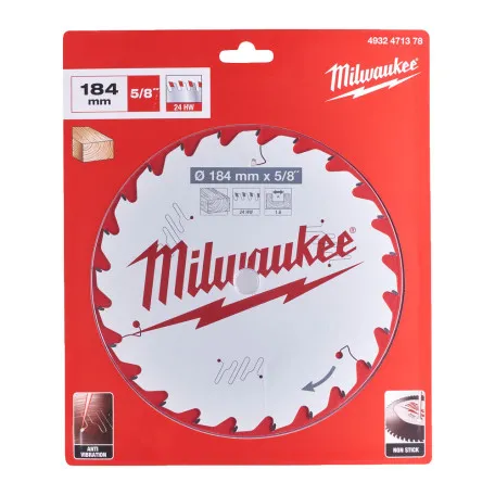Диск пильный по дереву PFTE THIN KERF MILWAUKEE, Ø184х5/8''х1,6мм, 24 зуб. (4932471378)