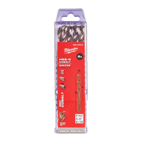 Сверло по металлу HSS-Co MILWAUKEE, DIN338, Ø10,0х133х87мм, (5шт) (4932373354)