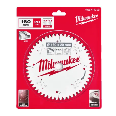 Диск пильный по алюминию PFTE MILWAUKEE, Ø160х20х2, 2мм, 52 зуба. (4932471292)